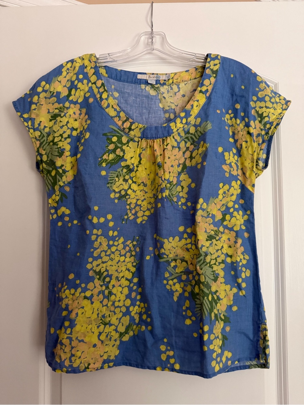 Boden Blue Short Sleeve Floral Top with Yellow Print